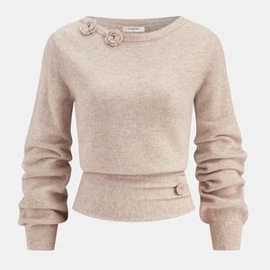 Commense Floral Appliqué Cinched Waist Knit Top Apricot Light Beige Large NWT